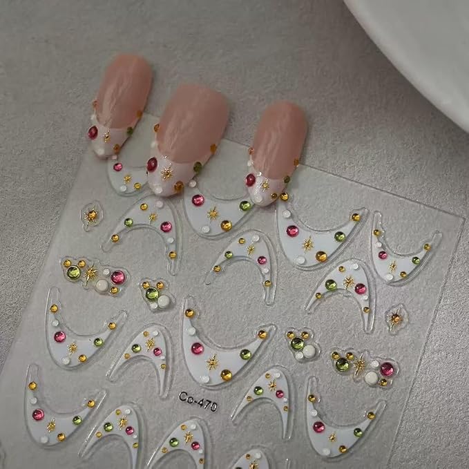 2 Sheets French Tip Nail Stickers for Nail Art Red Gems Design Nails Decals 5D Self Adhesive Colorful Rhinestone French Nails Art Stickers for Women Luxury Manicure Decoration Accessories