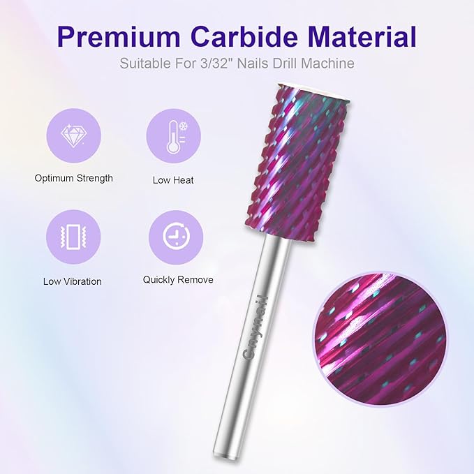3/32" Large Barrel Bit Tungsten Carbide Nail Drill Bit Safety Bit for Gel & Acrylic Removal, 2- Way Rotating Efile Tip, Salon Electric File Accessory (XXC Girt, Purple)