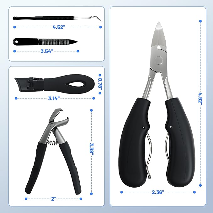 Heavy Duty Toenail Clippers for Seniors with Thick Toenails, Nail Clippers for Men & Women, Slanted Curved Blade with Angled Head, Wide Jaw Toenail Cutter with Catcher & Long Handle 5 Piece Set