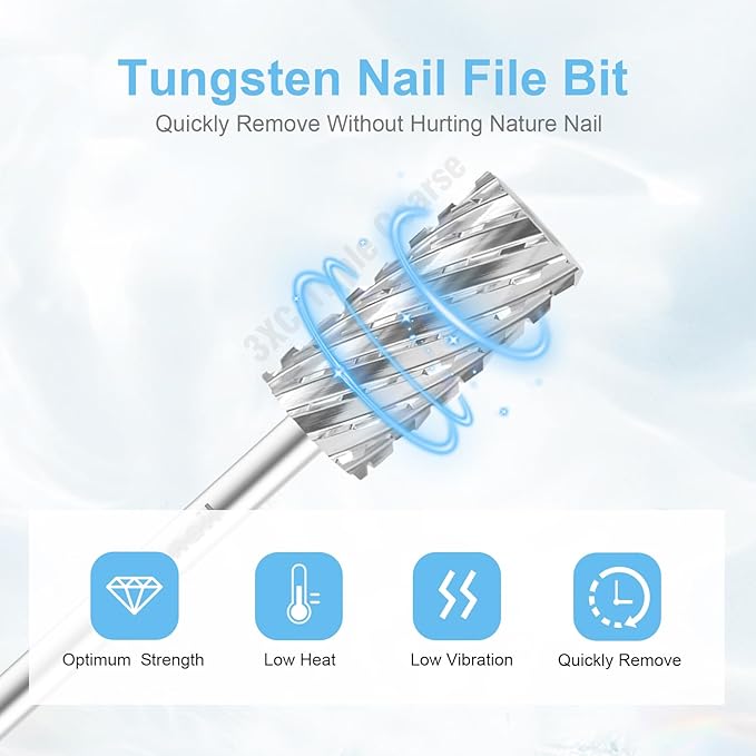 3/32" Large Barrel Bit Tungsten Carbide Nail Drill Bit Safety Bit for Gel & Acrylic Removal, 2- Way Rotating Efile Tip, Salon Electric File Accessory (3XC Girt, Silver)