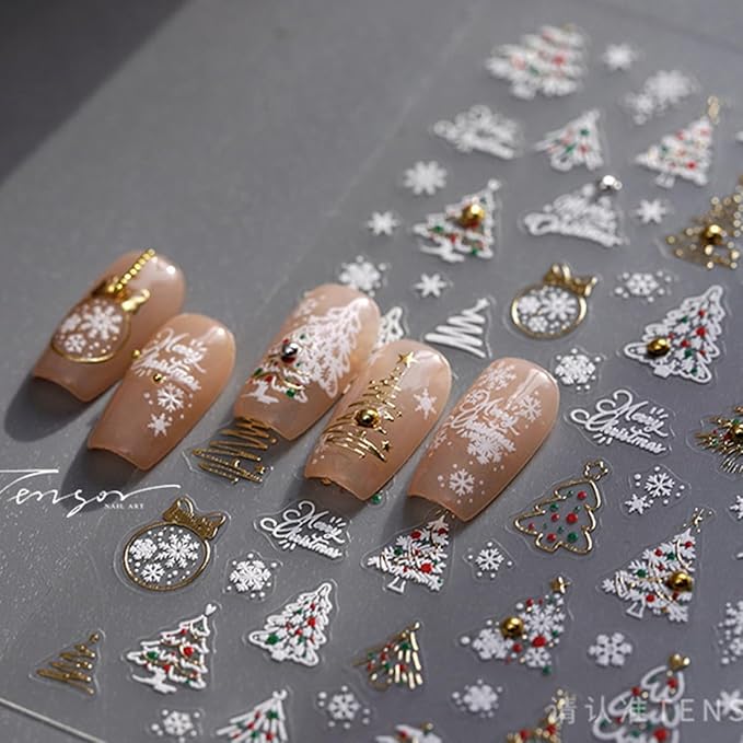 Christmas Nail Stickers 5D Embossed Xmas Tree Nail Decals with Rhinestones Snowflake Winter Nail Design Self-Adhesive Holiday Nail Art Decoration for Women Girls Nail Art Decoration