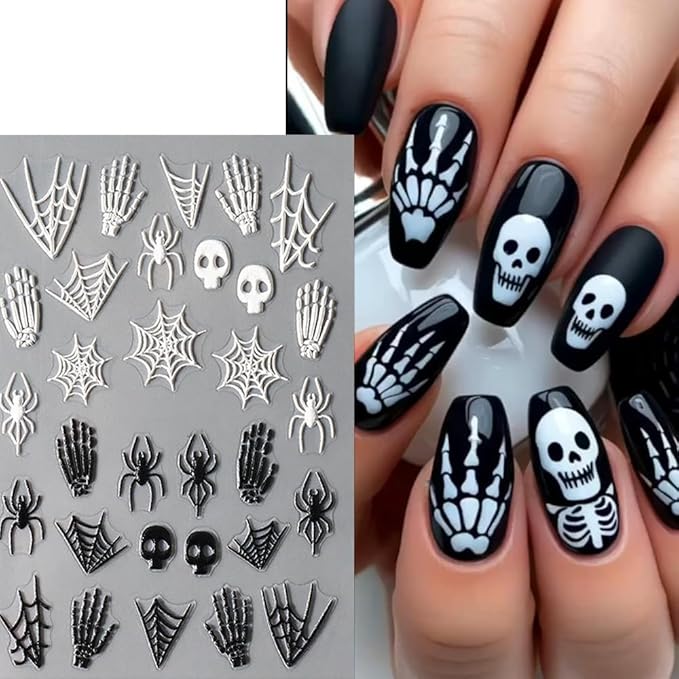 5D Halloween Nail Stickers Embossed Skeleton Spider Web Nail Decals Spooky DIY Self Adhesive Cobweb Nail Design Halloween Nail Decoration Supplies Holiday Manicure Accessories for Women Girls 3Pcs
