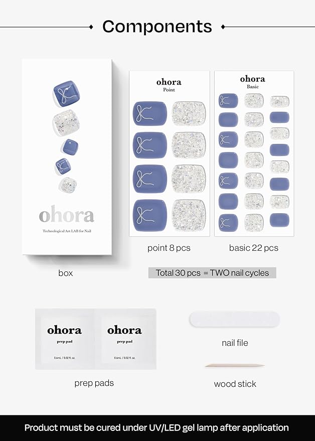ohora Semi Cured Gel Pedi Strips (P Lavo Dress) - Blue, White, Works with Any UV/LED Lamps, Salon-Quality, Long Lasting, Easy to Apply & Remove - Includes 2 Prep Pads, Nail File & Wooden Stick