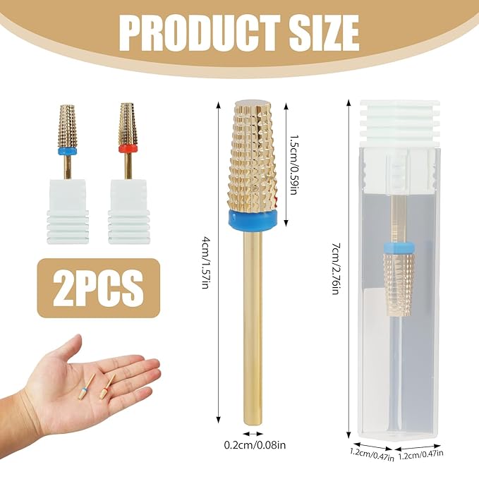 2 Pcs 3/32" 5 in 1 Professional Carbide Nail Drill Bits Sets with Case, 2 Pack Tungsten Safety Drill Bits Tech Cuticle Bit Fast Remove for Manicurist Nail Salon Manicure Pedicure Gel Polishing (Gold)