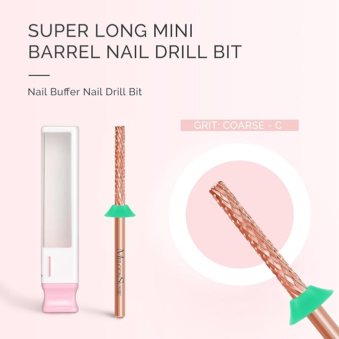 MelodySusie Super Long Mini Barrel Nail Buffer Bit, Professional Safety Carbide Nail Bit for Nail Bed File Cuticle Dead Skin Cleaning Nail Prepare, Two Way Rotate, Manicure Salon Supply, Rose Gold, C