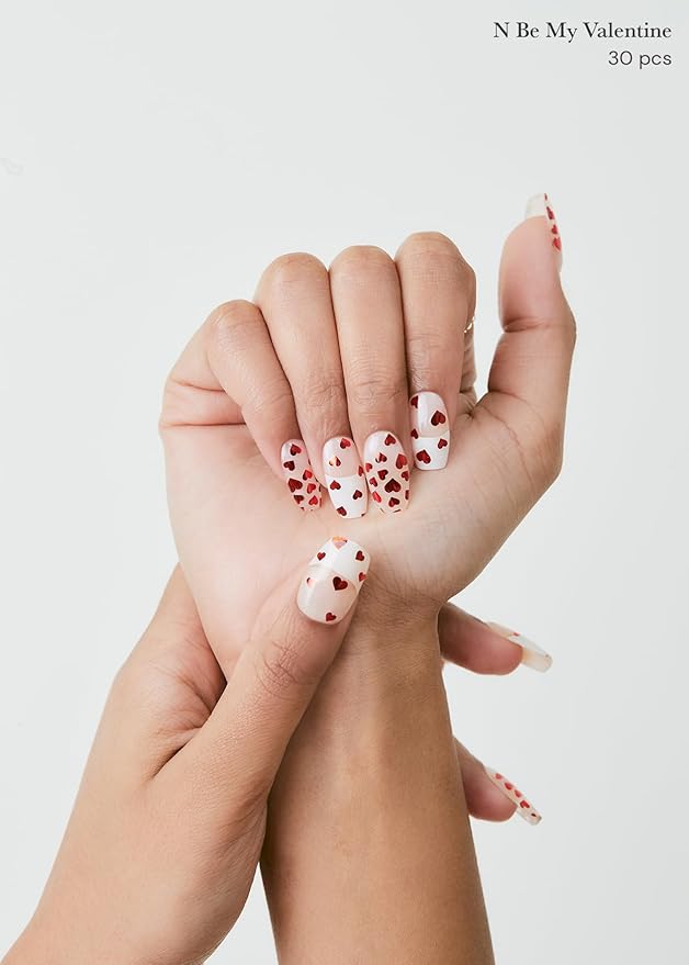 ohora Semi Cured Gel Nail Strips (N Be My Valentine) - Red, Pattern, Works with Any UV/LED Lamps, Salon-Quality, Long Lasting, Easy to Apply & Remove - Includes 2 Prep Pads, Nail File & Wooden Stick