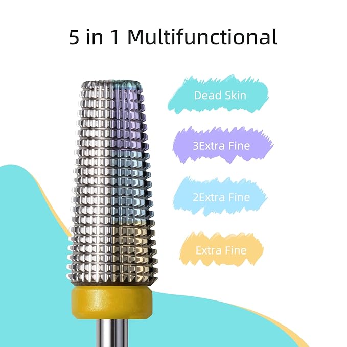 5 in 1 Nail Drill Bits, XF Carbide Tapered Nail Bit, Straight Cut Safety Drill Bits for Nails, 3/32 Two-way, Electric Manicure Drills Removal Base Coat