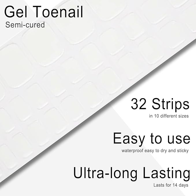 Semi Cured Gel Toenail Strips, 32 Snow White Gel Toenail Stickers - Works with Any UV Lamps Pedicure Strips Full Nail Wraps with Nail File & Wood Stick