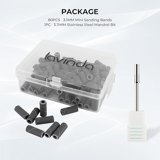 Lavinda Small Sanding Bands for Nail Drill with 3.1mm Mandrel Bit, 80 Piece Set Coarse Mini Sanding Bands Nail Drill Bits for Acrylic Nails Gel Manicures and Pedicures (80 Grit, Black)