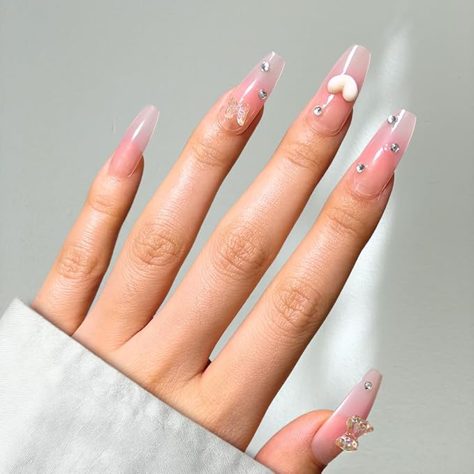 Perfect Look Press On Nails - Charm Love | No Glue One-Day Coffin Nails, Pink Ombre Fake Nails with 3D Bear Accents - 24 Pcs Nail Kit with Adhesive Tabs
