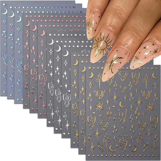 12 Sheets Metallic Nail Stickers Sun Star Nail Art Stickers 3D Self-Adhesive Shiny Laser Gold Silver Moon Rose Nail Decals Holographic Laser Glitter Nail Sticker for Women Nails Manicure Decorations