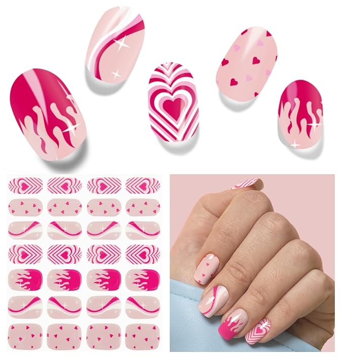 Semi Cured Gel Nail Strips, Pink Heart | 28 pcs Gel Nail Strips Work with Any UV Lamp, Salon Quality UV Nails Stickers, Easy to Apply for Home Nails DIY