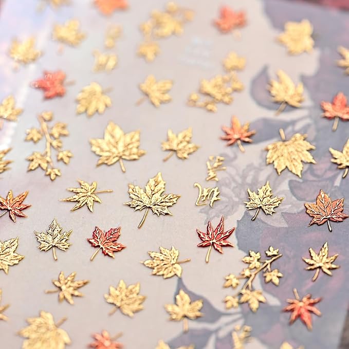 5D Embossed Gold Maple Leaves Nail Stickers for Nail Art Thanksgiving Nail Art Stickers with Glitter Autumn Leaf Design Fall Nail Decals for Women DIY Acrylic Manicure Decoration Accessories 1 Sheets