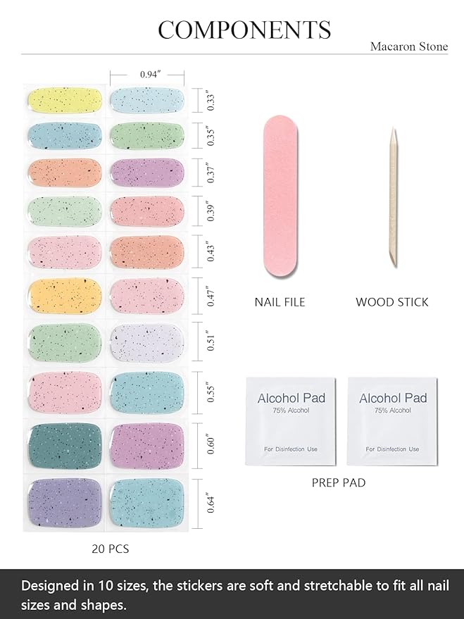 Semi Cured Gel Nail Strips (Macaron Stone), 20 Pcs Gel Nail Wraps, Stickers, UV Light Required, Salon Quality, Long Lasting