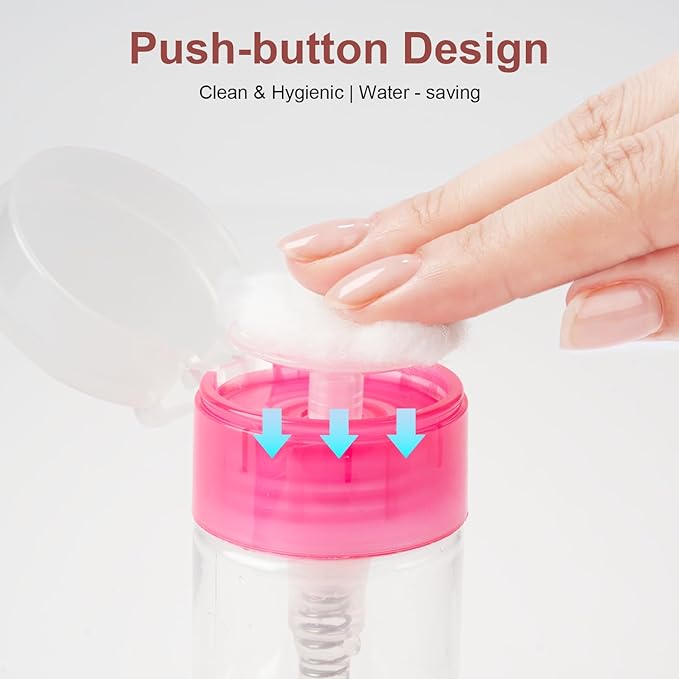 Nail Polish Remover Pump, YAMYONE 2 Pack Acetone Pump Dispenser, Alcohol Dispenser Push Down Empty Lockable Pump Dispenser Bottle for Nail Polish and Makeup Remover, 200ml(6.8oz) (3 Pack- Pink)