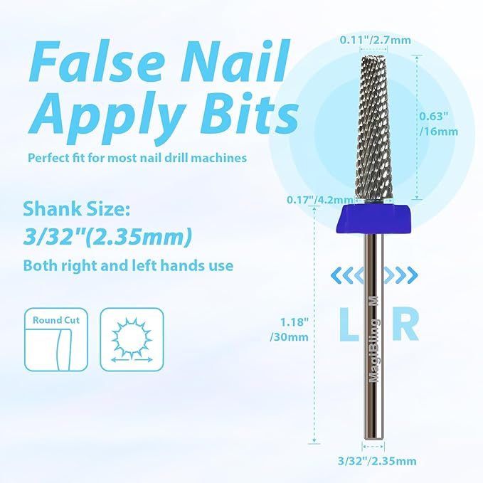16mm 5 in 1 Nail Drill Bits for False Nail Apply, 3/32'' Tapered Tungsten Carbide Professional Bit, Slender Bit for Corners, Left & Right Hand Use, Manicure Cuticle Gel Polishing, Medium.