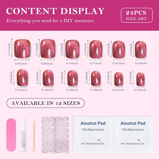 evpct Pink Purple Cat Eye Extra Short Press on Nails Square, Short Square Glue on Nails for Women Gift, Pink Purple Metallic Glitter Glossy Reusable Gel Press on Acrylic Fake Nail with Designs
