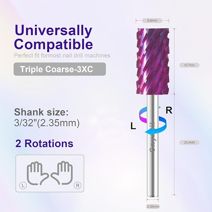 3/32" Large Barrel Bit Tungsten Carbide Nail Drill Bit Safety Bit for Gel & Acrylic Removal, 2- Way Rotating Efile Tip, Salon Electric File Accessory (3XC Girt, Purple)