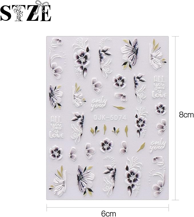 JMEOWIO 6 Sheets 3D Embossed Spring Flower Nail Art Stickers Decals Self-Adhesive Pegatinas Uñas 5D Colorful Summer Floral Leaf Nail Supplies Nail Art Design Decoration Accessories