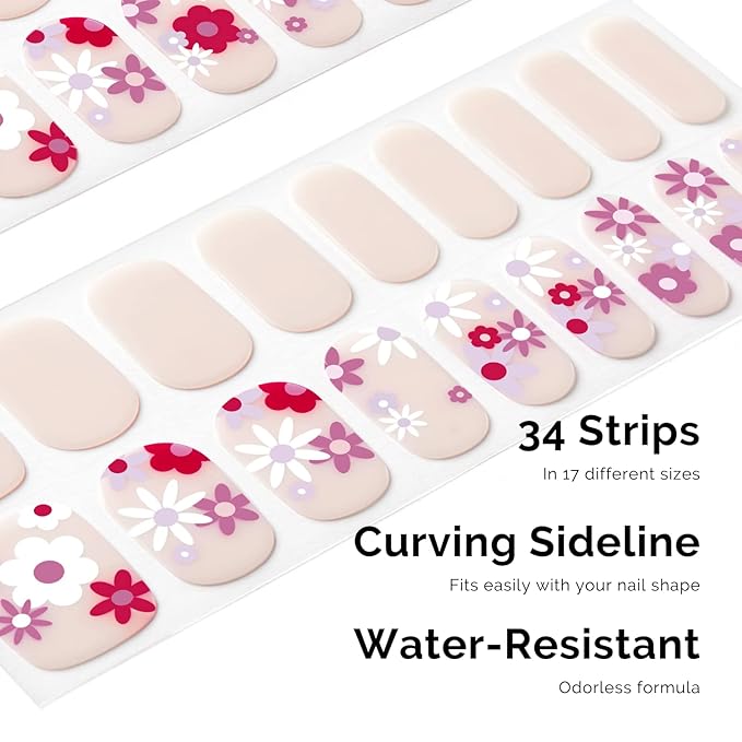 Nailog Semi Cured Gel Nail Strips 34 pcs | Long Lasting Nail Polish Sticker Wraps with Glossy Gel Finish (Florid)