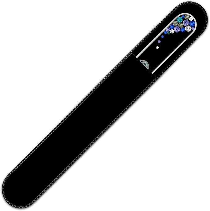 Large Size Glass Nail File Hand Decorated with Swarovski Elements, in Black Velvet Sleeve, Genuine Czech Tempered Glass, Hand-Made Crystal Nail File