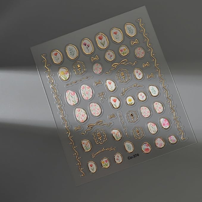 5D Embossed Flower Nail Sticker Tulip Irregular Geometric Frames Nail Designs Self Adhesive Nail Decals Gold Hollow Nail Art for Women Girls Manicure Supplies Nails Art Decorations
