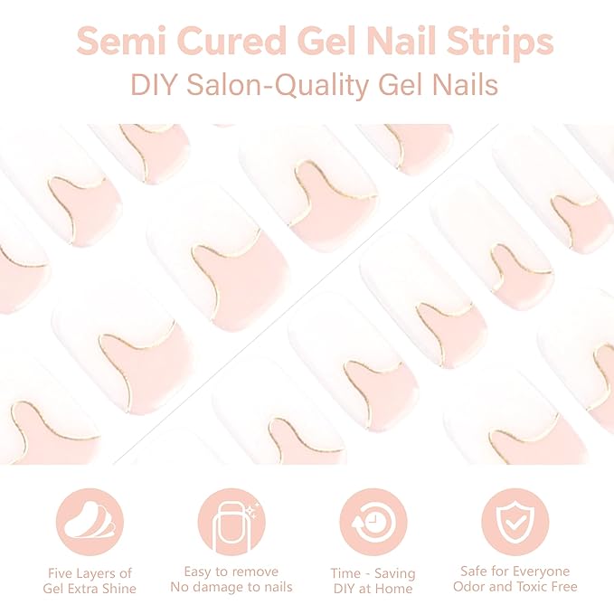Semi Cured Gel Nail Strips-Wedding nail stickers for bride bridal party elegant nail designs French manicure styles Quick DIY nail art stickers Works with Any UV/LED Lamps(Platinum French)