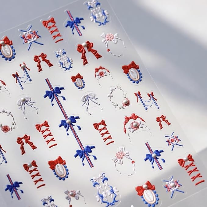 5D Embossed Bows Nail Stickers, Pearl Nail Art Sticker Self-Adhesive Nail Decals for Women Red and Blue Nail Supplies Art Design Stickers (1, Red and Blue)