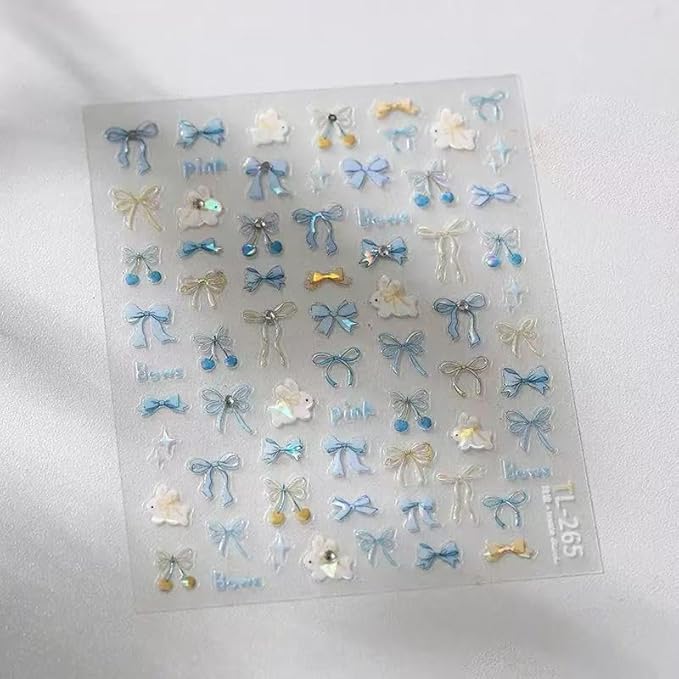 2 Sheets Bow Nail Art Stickers Glitter Pink Blue Bows Nail Art Decals 3D Self-Adhesive Cute Bow Nails Sticker Acrylic DIY Decoration Supplies Charms for Women and Girls