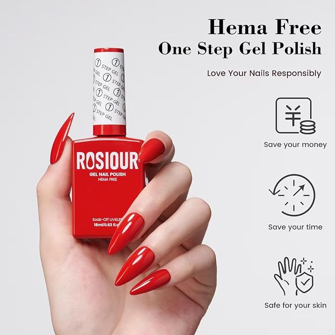 HEMA and TPO Free Red Gel Nail Polish, 18 ML Bright Red One Step Gel Nail Polish 3-in-1, No Need Base and Top Coat Easy DIY Nail Art, Soak Off U V Gel Polish for Women Girl Nail Lovers