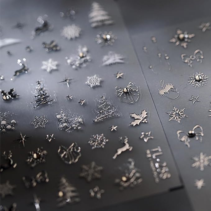 Christmas 5D Embossed Nail Art Stickers - Silver Xmas Decals With Christmas Tree, Snowflake, Elk Designs - Self Adhesive Winter Nail Supplies and Decorations for Women