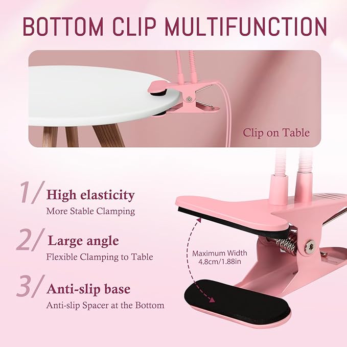 AORAEM LED Nail Lamp Double-Headed UV LED Light Quicky-Dry Duck Neck UV Lamp Dryer Curing Light with Portable Gooseneck and Clamp Flash Cure U V Light for Gel Nails Professional Home DIY Salon Pink