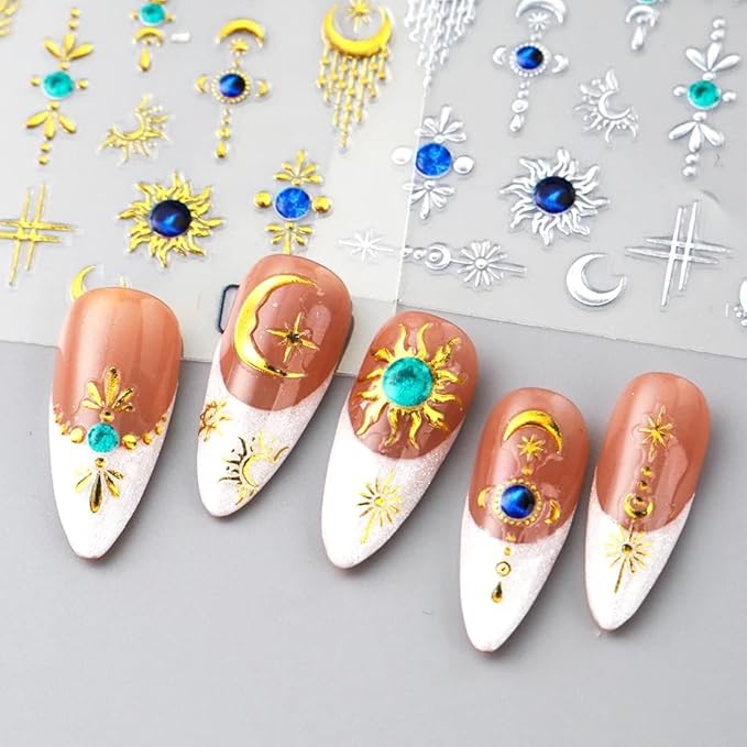 3 Sheets Star Moon Nail Stickers 5D Embossed Gold Stars Nail Art Stickers Shiny Star with Diamond Love Heart Sun Self-Adhesive Designs Chrome Nail Decals for Women DIY Decor Accessories