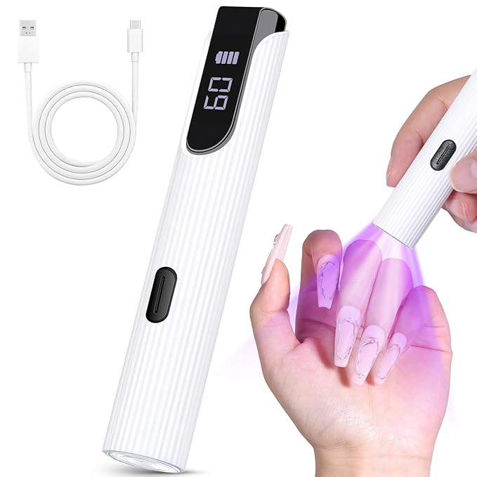 Handheld UV Light for Gel Nails, White Gel Light for Nails Cordless Nail Lamp Rechargeable with Led Display Lamp for Rhinestone Glue Decoration DIY at Home