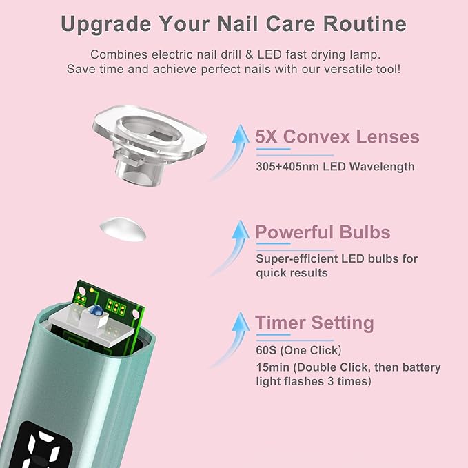 Electric Cordless Nail Drill with UV & LED Lights - 12+ Bits Kit for Gel/Acrylic/Dip Nails, Rechargeable Portable Nail File, 5 Speeds, Salon & Home Use (Gradient)
