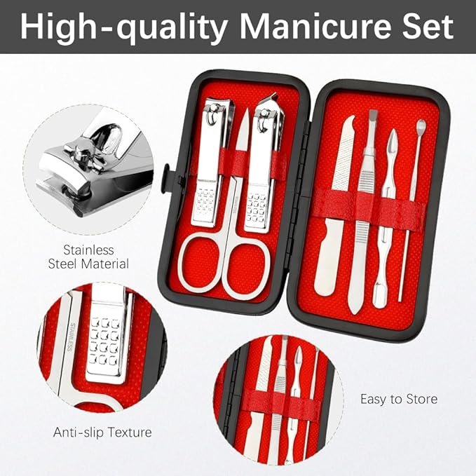 Silver Manicure Set, Nail Clipper Set 7 in 1 Manicure Kit Stainless Steel Nail Clipper Kit Pedicure Kit Portable Nail Grooming Kit Fingernail Toenail Clippers for Men Husband Boyfriend Women