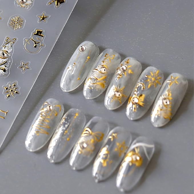 Christmas Nail Art Stickers - 5D Embossed Gold, Xmas Tree, Reindeer, Bow Star Design, Self-Adhesive Rhinestone Nail Supplies for Winter Holiday