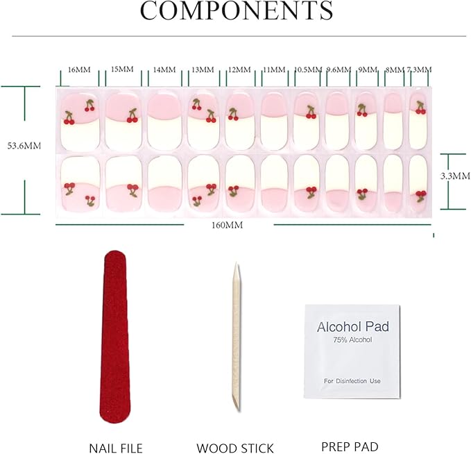 Semi Cured Gel Nail Strips Cute Cherry Gel Stickers French White Salon Quality DIY Nail Wraps Manicure Stickers for Easy Application