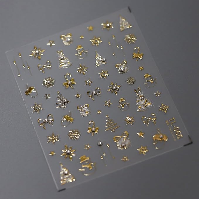 Christmas Nail Art Stickers - 5D Embossed Gold, Xmas Tree, Reindeer, Bow Star Design, Self-Adhesive Rhinestone Nail Supplies for Winter Holiday