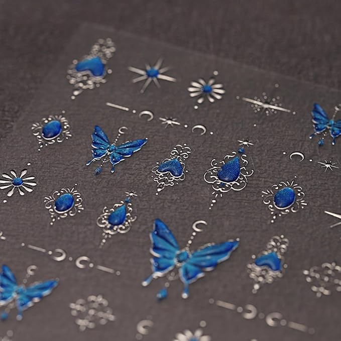 Butterfly Nail Art Stickers Decals Blue Butterfly Nail Decals 5D Embossed Nail Art Supplies Butterflies Star Moon Nail Stickers Shiny Nail Accessories for Women Girls Spring Summer Nail Art Decoration