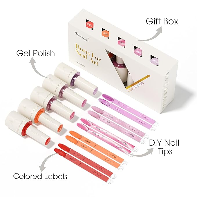 VENALISA Gel Nail Polish Set, 5 Colors 10ML Gel Polish Kit Red Orange Pink Cat Eye Glitter Jelly Purple Color Soak Off Salon Manicure DIY at Home Nail Art For Girls Women