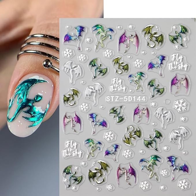 Halloween Nail Stickers 5D Metallic Dragon Snowflake Nail Art Stickers 2PCS Laser Silver Gold Bronzing 3D Fly Theme Design Self-Adhesive Winter Nail Decals Accessories for Holiday Nail Art Decorations