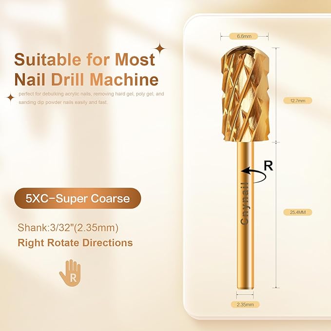 3/32" Large Barrel Smooth Round Top Tungsten Carbide Nail Drill Bit Safety Bit for Gel & Acrylic Removal, Right-Way Rotating Efile Tip, Salon Electric File Accessory (5XC Grit, Gold)