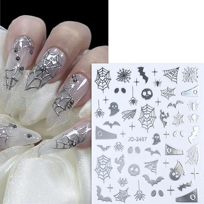 6 Sheet Halloween Nail Stickers Spider Web Spiders Nail Decals 3D Self-Adhesive Design Spooky Bat Snake Skull Nail Art Stickers Silver Black Scary Ghost Nail Art Supplies for Halloween Nail Decoration
