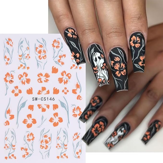 8 Sheets Halloween Nail Art Stickers Gothic Spooky 3D Self Adhesive Ghost Nail Decals Goth Spider Web Flower Nail Design Stickers Ghost Nail Stickers Art Decoration for Women Acrylic Manicure Salon
