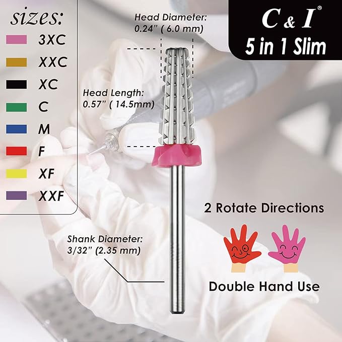 C & I 5 in 1 Nail Drill Bit, Slim Edition, Professional Manicure Drills for Electric Nail Drill Machine (Coarse -C)