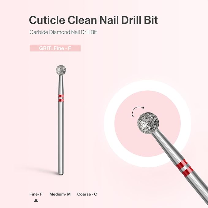 MelodySusie Ball Shape Cuticle Clean Nail Drill Bit 3/32'', Professional Safety Carbide Diamond Nail Bit Nail Cleaner for Cuticle Dead Skin Nail Prepare, Two Way Rotate, Manicure Nail Salon Supplies