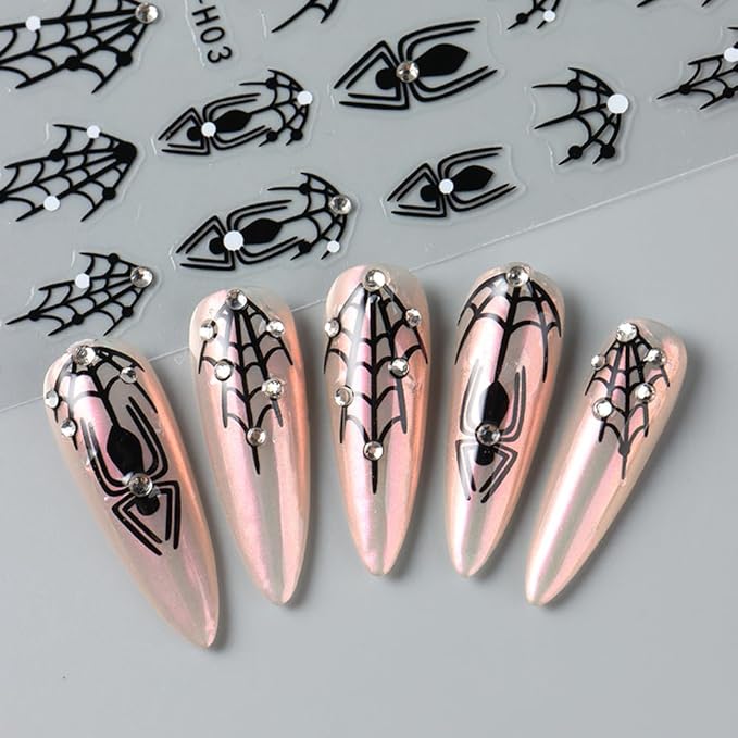 6Pcs Halloween Nail Stickers 3D Spider Web Nail Decals Ghost DIY Self Adhesive Spider Ghost Heart Nail Design Sticker Halloween Nail Decoration Supplies Holiday Manicure Accessories for Women Girls