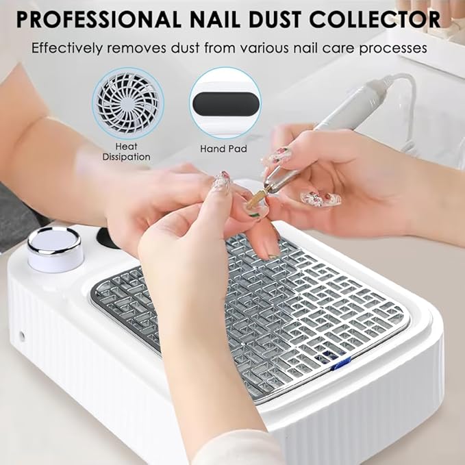 Nail Dust Collector with Reusable Filter for Acrylic Gel Nails, 80W Adjustable Nail Vacuum Suction Fan for Manicure Pedicure at Salon or Home, White