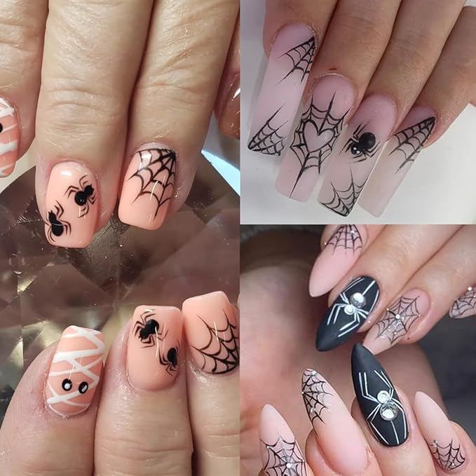 6 Sheets Halloween Nail Art Stickers Spider Nail Decals 3D Self-Adhesive Glitter Crystal Diamond Spider Nail Art Design Sticker Spider Bat Spider Web Ghost Nail Charms for Holiday DIY Nail Art